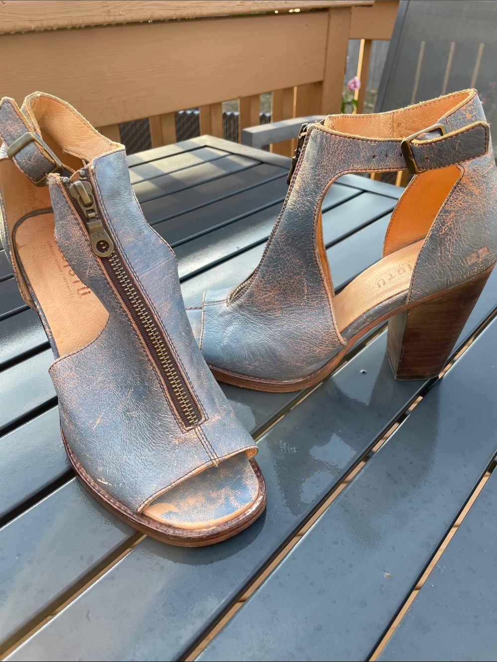 Bed stu leather Womens Distressed Blue Open-Toe Zip heels